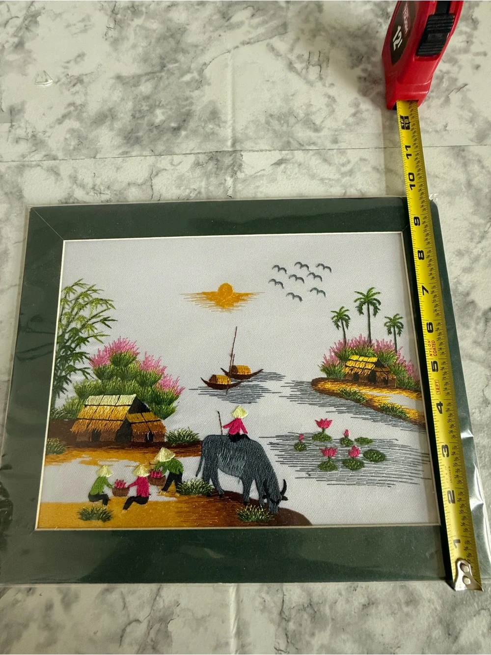 Vietnamese Hand-Embroidered Silk Landscape Village life Scene Wall Art 12x 10
